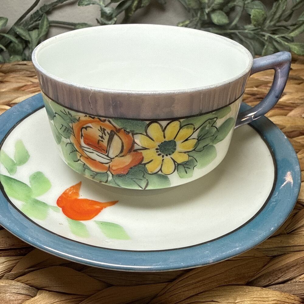 Japanese Lusterware Teacup & Saucer Set Handpainted Blue w/ Flowers Vintage - Picture 3 of 12